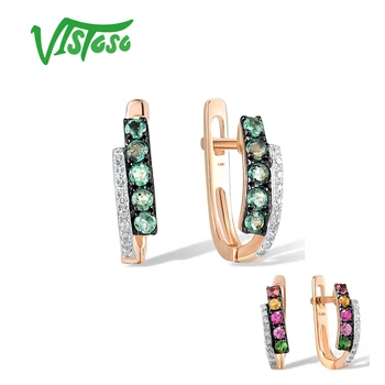 VISTOSO Pur 14K 585 Aur Rose Bucla Cercei Pentru Femei strălucitor Diamant Emerald Colorat Piatră Minimalist Fine Bijuterii Elegant