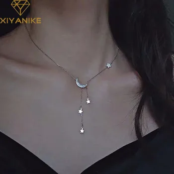 XIYANIKE Culoare Argintie Noua Moda Moon Star Tassel Colier de Cristal pentru Femei Cupluri Personalitate Bijuterii Cadouri Partid