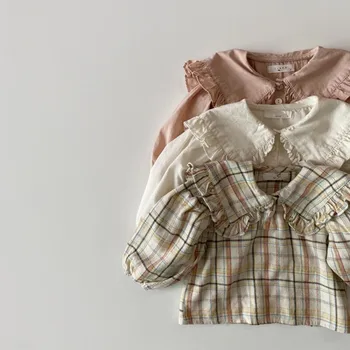 2022 Primăvară Nouă Fete Mari Rever Tricouri Copii Maneca Lunga T-shirt Cute Print Carouri Haine Copii Fata de Bumbac Bottom Topuri