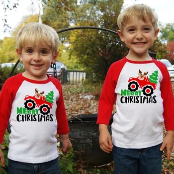Crăciun fericit Copii Tricouri Camion Cerb Frate T-Shirt pentru Copii Fete Băieți Raglan Maneca Lunga Copil Desene animate Topuri Haine Tee