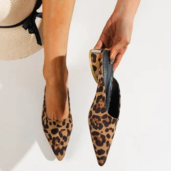 Primavara-Vara a Subliniat Deget de la picior Plat Papuci pentru Femei 2022 Noua Moda Leopard-print Pompe Patrat-toc Catâri Roman Slip-on Pantofi
