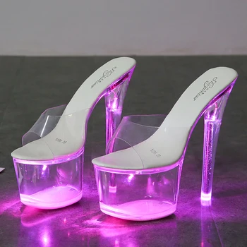 De mari Dimensiuni Sandale Clar Toc emițătoare de Lumină PVC Platforma Catarama Curea Tocuri foarte inalte, cu Toc Subtire Masiv Pantofi pentru Femei 2019 Noi