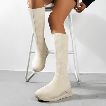 Toamna Iarna Femei Platforma Peste Genunchi Cizme Femei Stretch Șosete Tricotate Cizme Lungi de Alunecare pe Fund Gros Pantofi de Femeie Botas