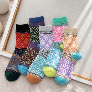 5 perechi/set Vintage Colorate Sosete Scurte pentru Femei Barbati Dungi Grile Geometrice Lână Iarna Primavara Toamna Gros Etnic Cald Șosete