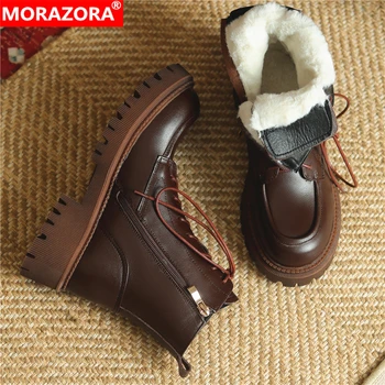 MORAZORA Plus Dimensiune 34-43 Noi Gros de Blană Cald Zăpadă Cizme Dantela-Up Piele de Vacă Glezna Cizme Platforma de Moda Cizme de Iarna pentru Femei Pantofi