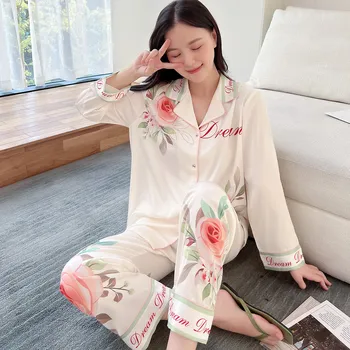 QSROCIO de Înaltă Calitate pentru Femei Set de Pijama de Lux a Crescut de Imprimare de Agrement Pijamale de Mătase Ca Maneca Lunga Homewear Pijamale Femme