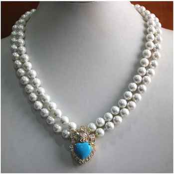 2 rânduri 18inches 8mm alb coajă colier de perle+ albastru Turcoaz Zircon pandantiv placat cu