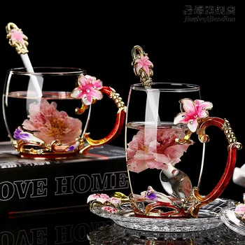 Roșu galben lily Email Crystal Ceașcă Ceai de Flori de Sticlă de Înaltă calitate de Sticlă Ceașcă de Flori Cana cu Maner Cadou Perfect Pentru Iubitul Nunta