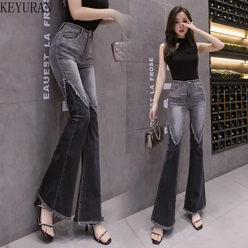 Vintage Mozaic Flare Jeans Femei Stretch Talie Mare Bavuri Skinny Boot-Cut Pantaloni Din Denim Mujer De Moda Pantaloni Din Denim Pentru Femei