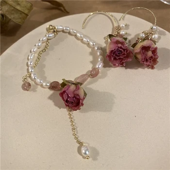 Vintage Galben/Roz Veșnică Flori Naturale, Perle de apă Dulce de Cristal lucrate Manual cu Margele Bratari pentru Femei Bijuterii de Moda YBR575