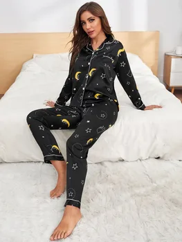 Femei Pijama Set de Pijamale Print cu Maneci Lungi Mujer Pijamas îmbrăcăminte de noapte 2 buc Vara Primavara Body Silk Satin Pijamale Pijamale Costum