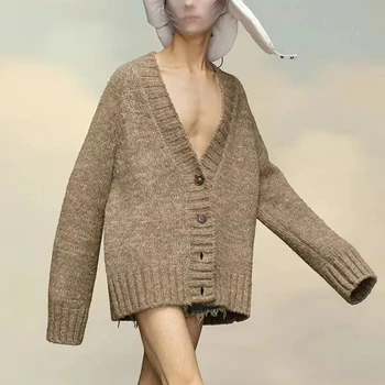 Slouchy casual mixte de lână de alpaca ac gros V-neck picătură de umăr mid-lungime jumper mari silueta jacheta din tricot pentru femei