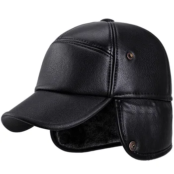 Bărbați Faux fur Bomber Pălărie Neagră din Piele Pu de Acoperire Urechi de Iarnă Șapcă de Baseball