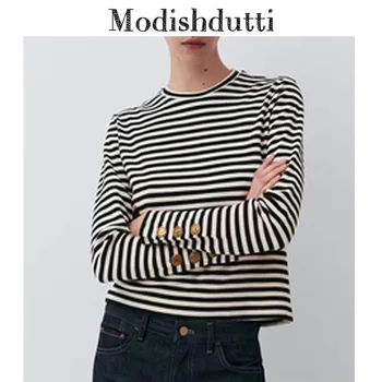 Modishdutti 2022 Toamna De Moda Pentru Femei Cu Dungi Tricotate Pulover Feminin Chic Buton Simplu Pulover Casual Topuri