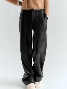 TRAF 2022 Noi din Piele PU Cargo Pantaloni pentru Femei de Iarnă se Ingroase Elastic Faux din Piele Pantaloni Largi Femei Casual Negru Streetwear