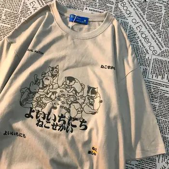 Vintage Japonia Kanji Pisici Amuzante Anime T Shirt Graphic Tee 2022 Vara Y2K Estetice Kawaii Haine Harajuku Supradimensionate Adolescenti Topuri