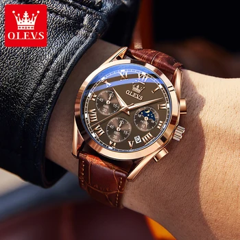 OLEVS Moda Impermeabil Ceas Cronograf pentru Barbati Brand de Top de Lux, Curea din Piele Calendar fazele Lunii Om Cuarț Ceas de mână 2871