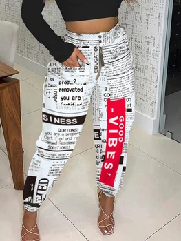 Toamna Femei-Ziar Print Cu Fermoar Design De Înaltă Talie Pantaloni 2022 Femme Casual Shirring Detaliu Pantaloni Doamna Tinutele Traf