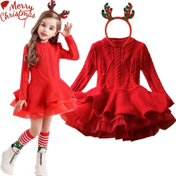 2022 Noi de Crăciun Rochii pentru Fete de Iarna cu Maneca Lunga Pulover Cald Tricotate Copii Printesa Rochie de Petrecere de Crăciun pentru Copii Rosii Rochie