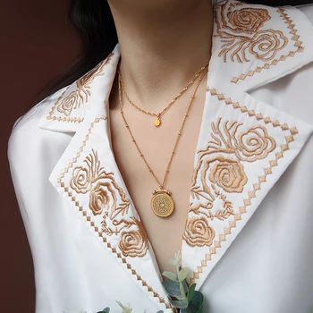 Mamacita Perle Pătrat Rotund de Flori de Trandafir de Albine Pandantiv Dublu 18K Aur Lanturi Coliere Pentru Femei din Oțel Inoxidabil Femei Bijuterii