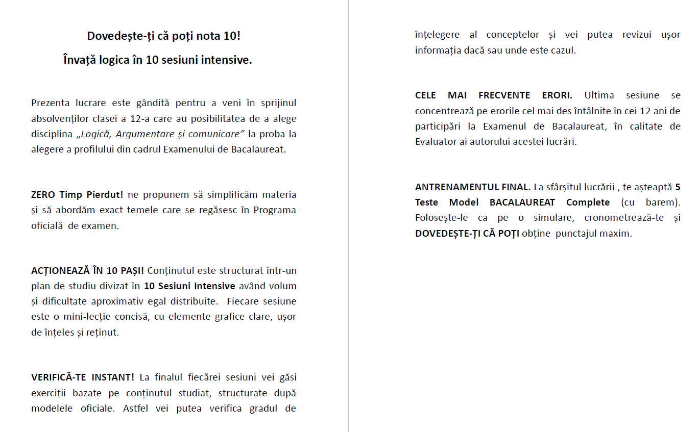 Ghid Logică Bacalaureat – metodă de pregătire în 10 sesiuni intensive. Include teorie simplificată, exerciții model BAC, bareme oficiale și teste finale pentru nota maximă.