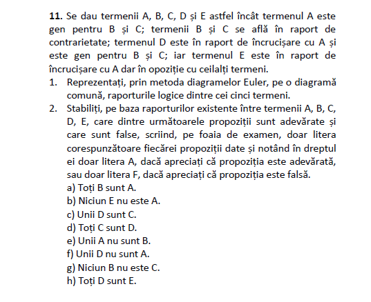 Exemplu subiect bac logică reprezentare termeni diagramă Euler